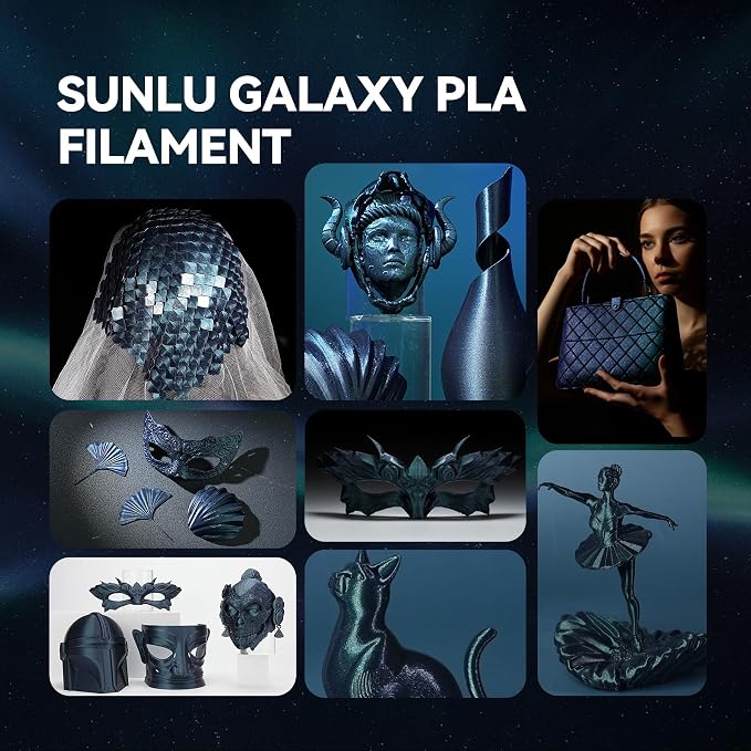 SUNLU Galaxy PLA 3D Printer Filament, Sparkling and Dazzling PLA Filament 1.75mm, Neatly Wound 3D Filament, Colorful Black, Dimensional Accuracy +/-0.02mm, 1KG Spool.(PLA Galaxy)