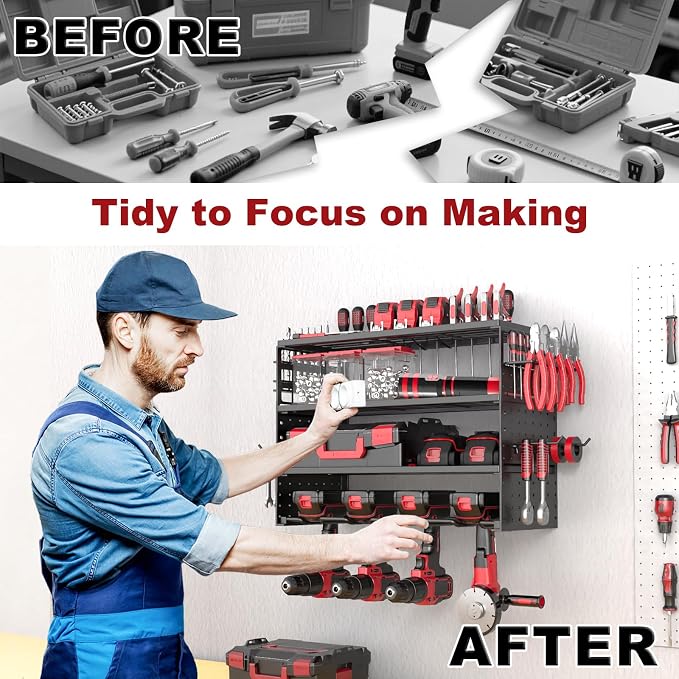 Power Tool Organizer Wall Mount - 4 Layer Metal Power Tool Storage Rack, Cordless Tool Holder with 4 Hooks, Utility Storage Rack for Garage Workshop Shed Pegboard