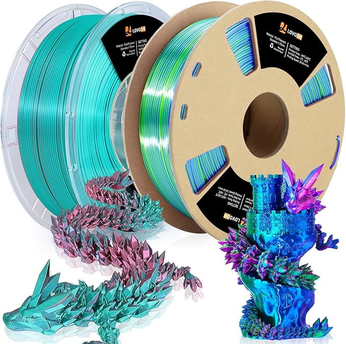 LOVOON Silk PLA 3D Printer Filament Bundle 2 KG, PLA Filament 1.75mm, Shiny Silk Blue/Green/Red and Blue/Pink Change by Angle, 3D Printing Filament for Most FDM Printers and 3D Pen, 1KG X 2 Spools