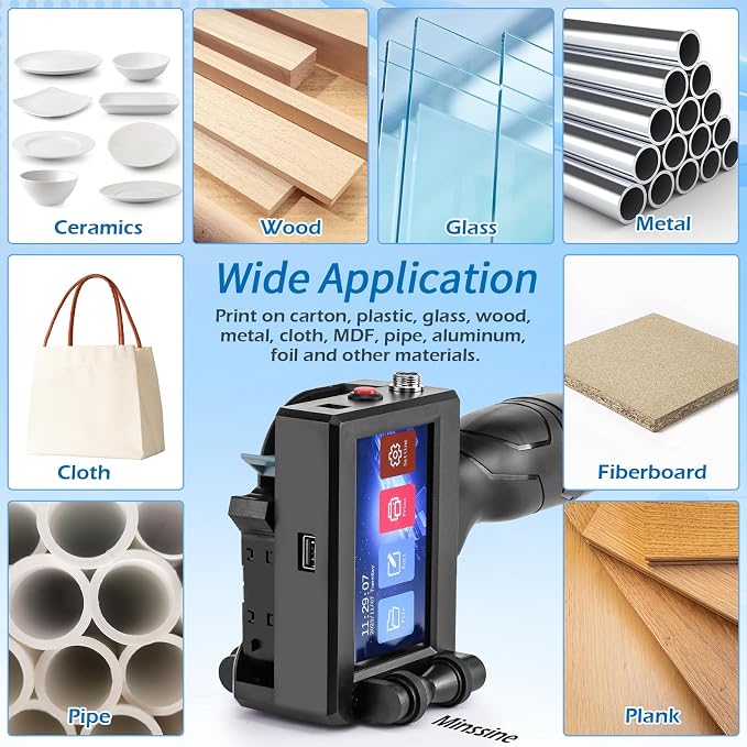 Handheld Inkjet Printer, MS-C10 Portable Handheld Printer Gun with Fast-Drying Solvent Cartridge for QRCode Barcode Production Date Time Logo Batch Number on Any Surface(0.5 Inch Nozzle)
