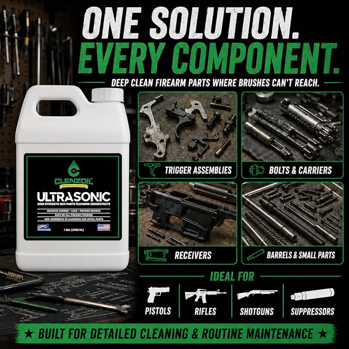Clenzoil Ultrasonic Cleaner Solution for Firearms - 1 Gallon Concentrate | Removes Carbon, Lead & Powder Residue | Safe on All Metal | Non-Toxic | Field & Range | Dilutes 1:5 (Makes 6 Gallons)