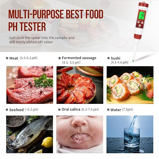 YINMIK Digital pH Meter for Food Fermentation with pH Calibration Solution | Spear Tip Food pH Tester Fermentation, Hot Sauce Canning, Cheese Cooking Sourdough Bread, Water Resistant, Solid and Water