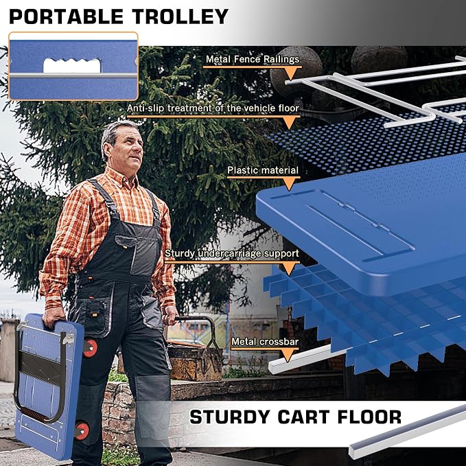 Platform Truck Cart with 3 Fence, 28"x19" Flatbed, 1100lbs Capacity Heavy-Duty Foldable Push Dolly Cart with Swivel Wheels, Foldable & Portable for Groceries, Garage,Home,Office Use, Blue