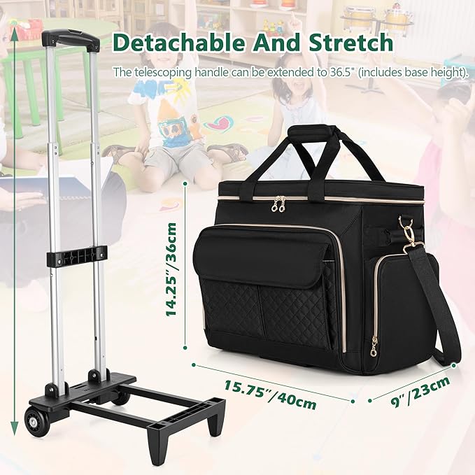 LUXJA Rolling Teacher Bag with Laptop Compartment and Detachable Dolly, Multifunctional Rolling Briefcase with Accordion File Area (Patented), Black
