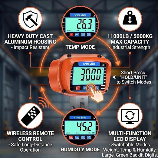 RESHY 11000Lbs / 5 Ton Digital Crane Scale, 2lb (1kg) Accuracy Heavy Duty Cast Aluminum Hanging Scale w/Wireless Remote, Temp & Humidity Monitor for Industrial, Warehouse