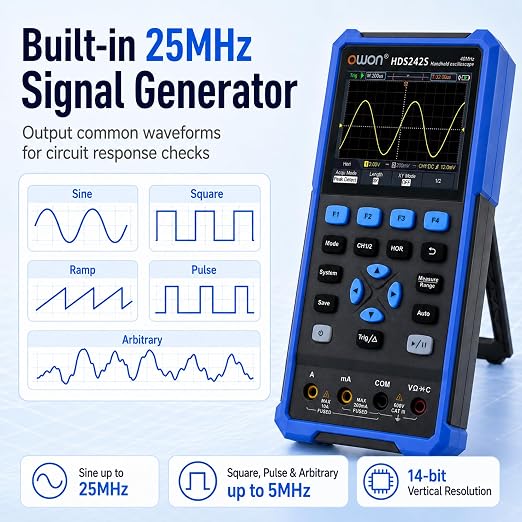 HDS242S Oscilloscope, 2 in 1 Dual Channel 40MHz Bandwidth Handheld Oscilloscope Multiumeter with Waveform Generator for Automatic Measurements, Electronic Measurement 3.5 inch LCD