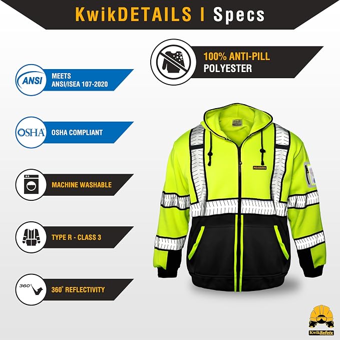 KwikSafety - Charlotte, NC - Men's Fleece Safety Hoodie | PPE Hi Vis Lightweight Reflective Jacket