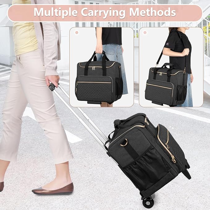 LUXJA Rolling Craft Bag with Pockets for 12 x 12 inch Scrapbook Album and Laptop, Rolling Scrapbook Tote with Detachable Dolly (Patent Pending), Black