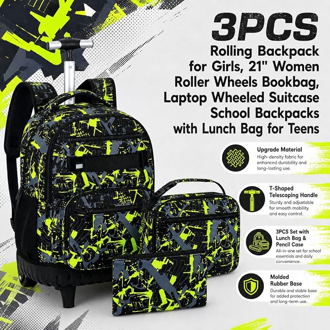 3Pcs Rolling Backpack for Boys Men, Travel Roller Backpacks with Wheels for Adults, Teens College Graffiti Wheeled Bookbag with Lunch Box(Green)