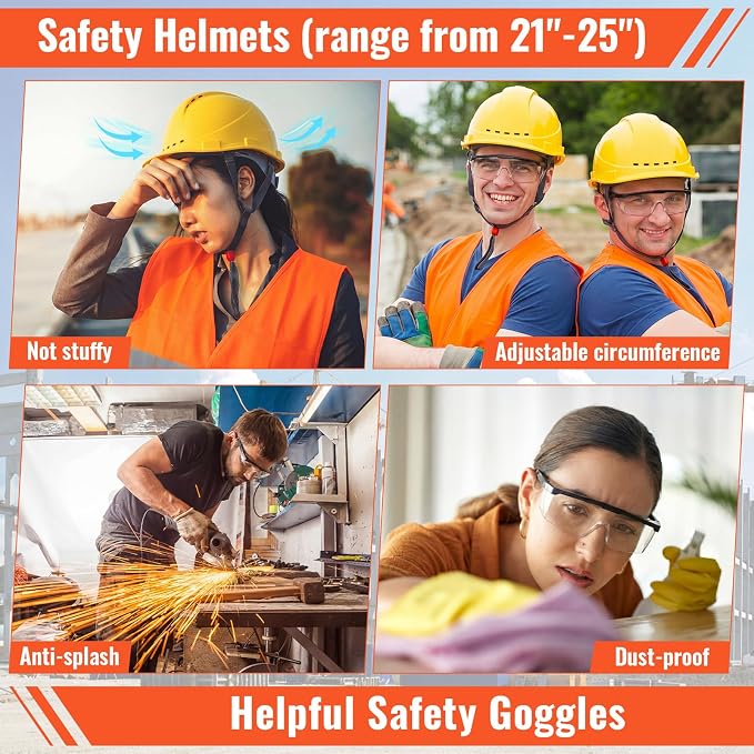 Mumufy 18 Pcs Suspension Hard Hats Safety Helmets Vented Cap Style Helmet with High Visibility Vest Mesh Reflective Anti Fog Safety Goggles Adjustable Temples for Construction Work(Yellow, Orange)