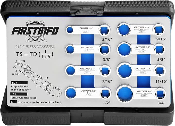 FIRSTINFO 8-Piece 3/8" Drive SAE 12-Point Box End Torque Adapter Set | 5/16-3/4 in sizes • 2 in center-to-center length • CR-V steel • Blow-mold case & tray • Made in Taiwan
