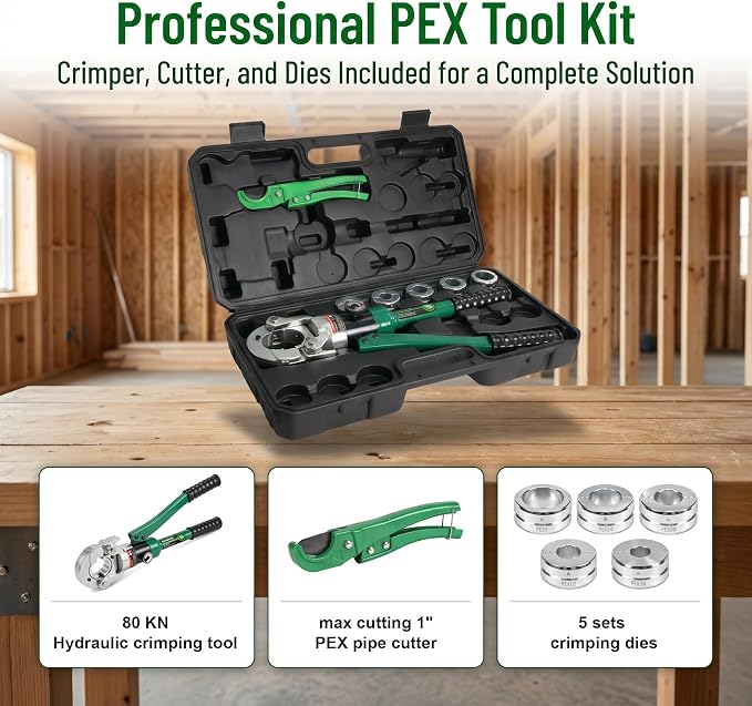 Pex Pipe Crimping Tool kit for 3/8,1/2,5/8,3/4,1-inch Copper Ring with Free Gauge Pex Pipe Cutter -Meet ASTM F1807 and Portable (SL-1632-F1807)