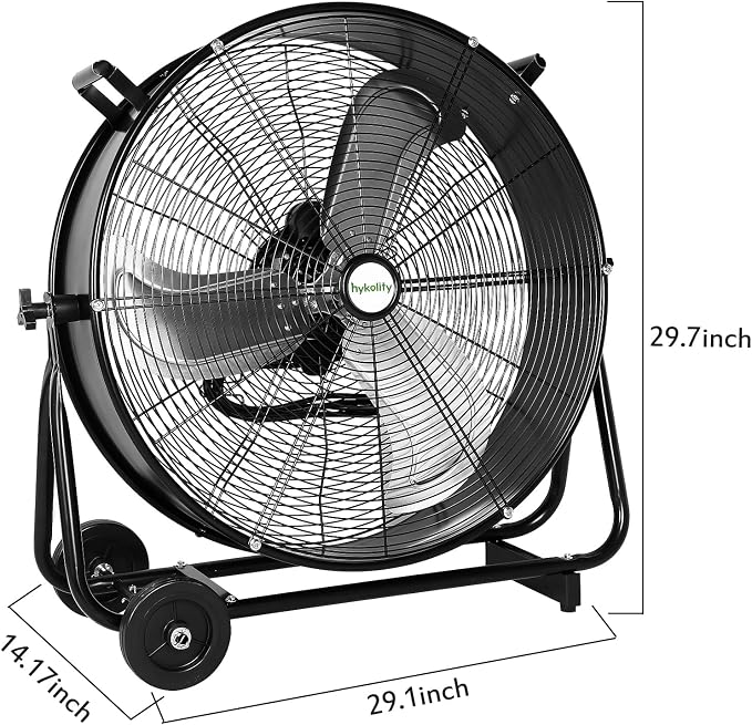 hykolity 24" High Velocity Industrial Drum Fan, 8100 CFM 3-Speed Heavy Duty Metal Shop Fan for Workshops, Warehouse, Garage and Factory, UL Listed