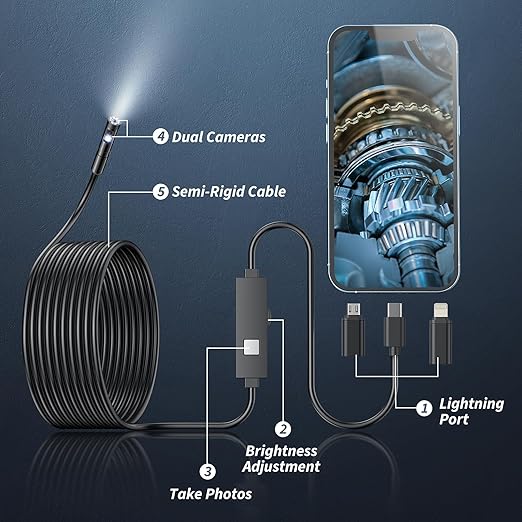 Endoscope Camera with Light,1920P HD Borescope Tools with 8 Adjustable LED Lights, Endoscope with Semi-Rigid Snake Camera, IP67 Waterproof Inspection Borescope for iOS and Android-16.4ft Dual-Lens