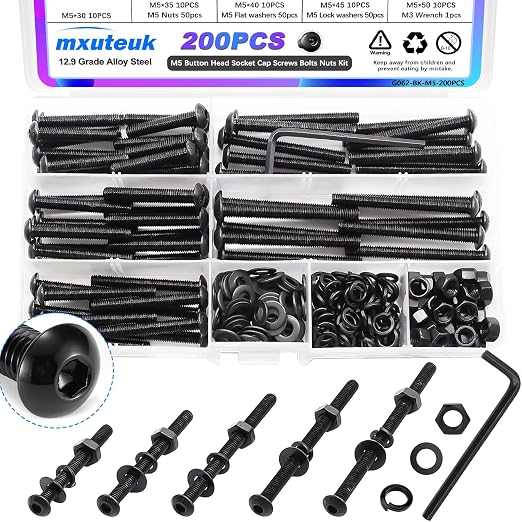 mxuteuk M5 Screws Assortment Set,M5 x 30/35/40/45/50mm Button Head Socket Cap Metric Screws Bolts Nuts Kit,10.9 Grade Alloy Steel M5 Bolts with Hex Wrench (200PCS)