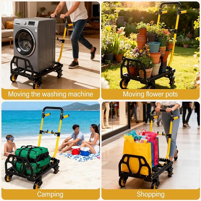 Folding Hand Truck Dolly, 330 lbs Heavy Duty Convertible 2-in-1 Dolly Cart with 3-Level Adjustable Handle, 360° Swivel Handle & Tool Bag for Moving, Shopping, Warehouse & Garage