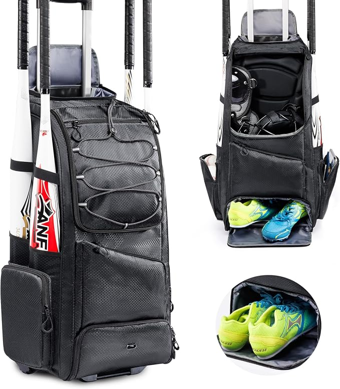 Large Rolling Baseball Catchers Gear Bag with Wheels, Softball Bag with Hard Backing for 4 Bats,Equipment Bag with Separate Shoe & Helmet Compartments, Youth Baseball Bag with 360° Spinner Wheels