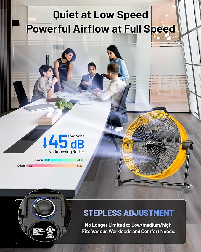 iLIVING 20 Inches 5703 CFM Heavy Duty High Velocity Barrel Floor Drum Fan With DC Brushless Motor,Stepless Speed Adjustment for Workshop, Garage, Commercial or Industrial Environment, UL Safety Listed