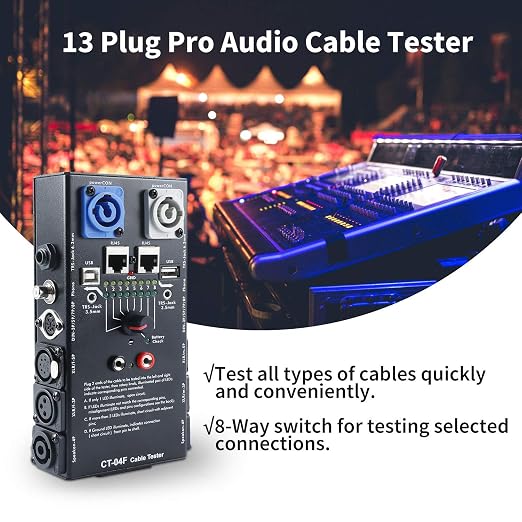 MFL. 13-Plug Audio Cable Tester Line Finder Black 13-in-1 Cables Checker 8-Way Switch Wire Tracker with LED Indicators, Rectangular