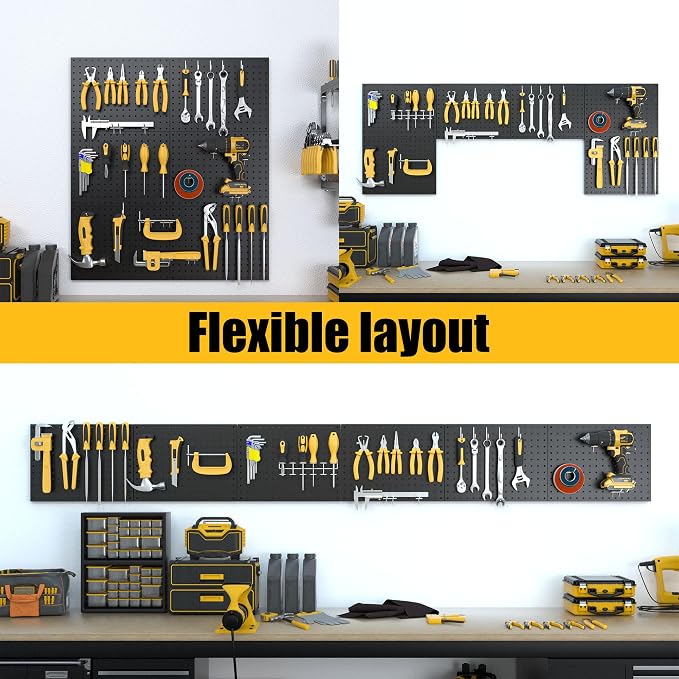Spampur Peg Board, 6 Pack Metal Pegboard Panels Black Pegboards Wall Organizer with 50 Hooks, Heavy Duty Peg Board for Walls Home, Garage Tool Storage, Office Organization, Craft Room, Kitchen