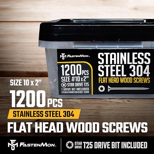 304 Stainless Steel Deck Screws, #10 x 2, 1200 PCS | Torx Flat Head Type 17 Point with T25 Bit, Ideal for Outdoor Wood Projects, Fences, Benches, Picnic Tables, Decks, Bulk Box