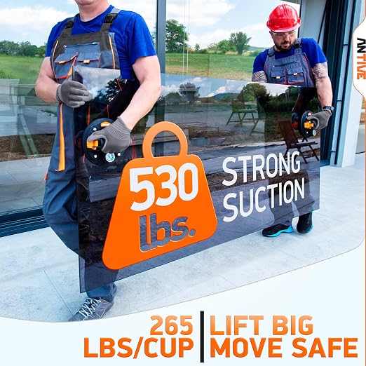 Glass Suction Cup Lifter 265 lbs Each / 530 lbs Combined – 2 Pack 8” Heavy Duty Vacuum Suction Cups with Pressure Gauge | Manual Glass & Tile Lifting Tool for Installation