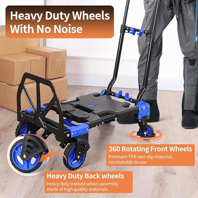 2 in 1 Folding Hand Truck with Folding Basket,330lbs Capacity Heavy Duty Hand Truck,with Telescoping Handle and Rubber Wheels,Portable Dolly Cart with Bungee Cords for Moving,Travel,Shopping