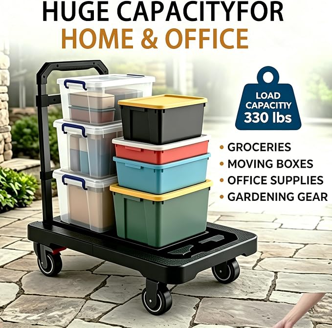 SPACELEAD Folding Hand Truck, Heavy-Duty Platform Truck with 330 Lbs Capacity, Collapsible Dolly Cart with 360° Silent Wheels & Telescopic Handle, Portable Moving Cart for Luggage & Office, Black