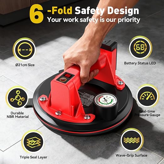 TaskStar Electric Glass Suction Cups, Tile Suction Cup Lifter with Pressure Gauge, 4X 2400mAh Battery, LCD Display & Auto Hold Up to 270KG Heavy Duty Vacuum Suction Cup Handle for Tile/Window/Granite