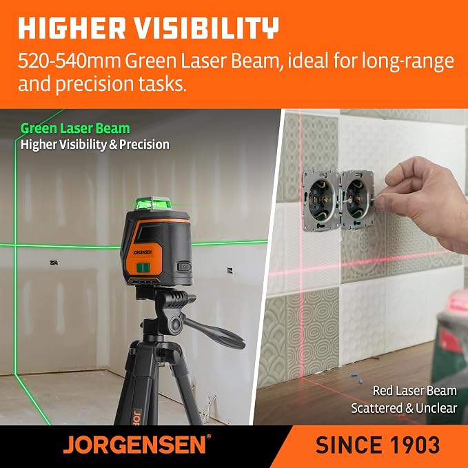JORGENSEN 360° Laser Level with Tripod, 100 FT Rechargeable Self Leveling Cross Line Laser Leveler Tool with Magnetic Base, Wide Angle Green Laser Level for Picture Hanging, Floor Tile, Construction