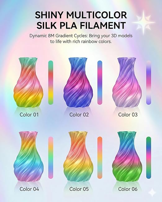 250g Rainbow Silk PLA Filament 1.75mm, SUNLU 3D Printer Silk PLA Filament Bundle,Shiny Silk Multicolor Filament Bundle, Fast Color Change Multicolor PLA, 4 Rolls, Rainbow02+03+04+06