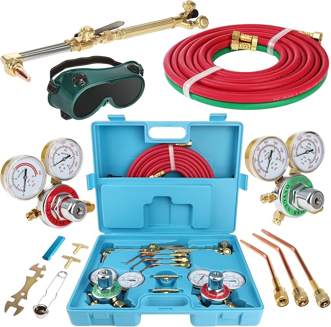 Cutting Welding Torch Kit, Oxygen Acetylene Torch Kit, Oxy Acetylene Torch Welder, Portable Oxy Brazing Kits, Professional Welder Tool Set with Two Hose, Regulator Gauges, Storage, Blue Case