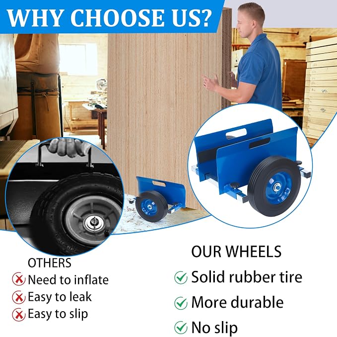 Heavy Duty Panel Dolly Blue Slab Cart 1100LBS Capacity Door Dolly with 10" Solid Wheels, Adjustable Drywall Mover Panel Drywall Cart Material Handling All Terrain