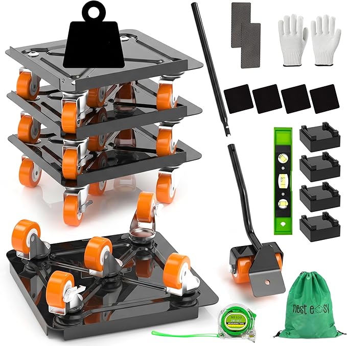 Heavy Duty Furniture Dolly 360° Rotating 5 Orange Wheels, Alloy Steel Furniture Movers Up to 3000 lbs/1360 Kg Load Capacity with Measure Tape and Leveler (5.3x5.3 in)