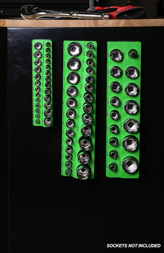 ARES 60037-3-Piece SAE Magnetic Socket Organizers Set - GREEN - Includes 1/4 in, 3/8 in, 1/2 in Socket Holders - Holds 68 Standard (Shallow) and Deep Sockets - Also Available in RED