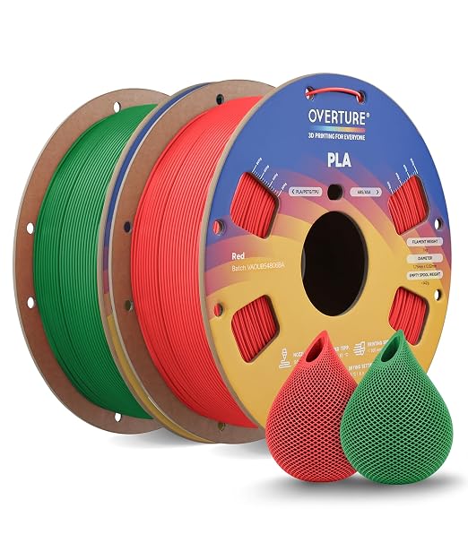 OVERTURE 2KG Bundle High Speed PLA Filament 1.75mm, Neatly Wound 3D Printer Filament 2 Pack 1kg Spool (2.2lbs) Rapid PLA, Fit Most FDM 3D Printers (Red+Green)