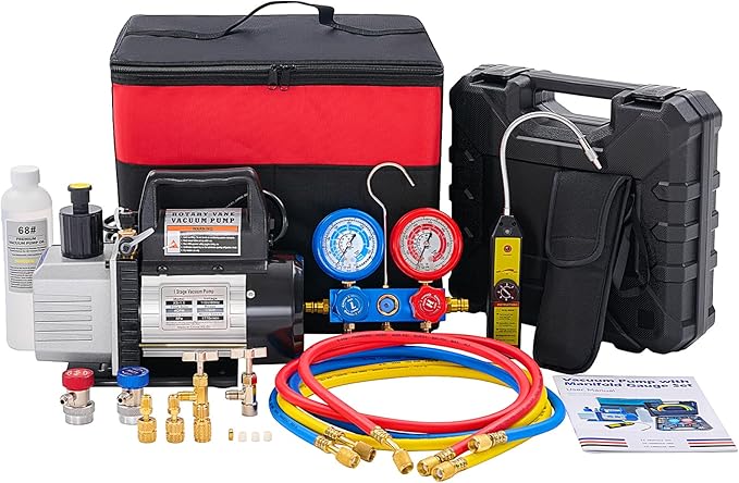 OLIXIS 110V 1/3 HP 4CFM Single Stage Vacuum Pump Kit with R134a Manifold Gauge Set, Leak Detector, 1/4" Hoses & Carry Bag for HVAC AC Refrigeration, ETL Listed, Blue