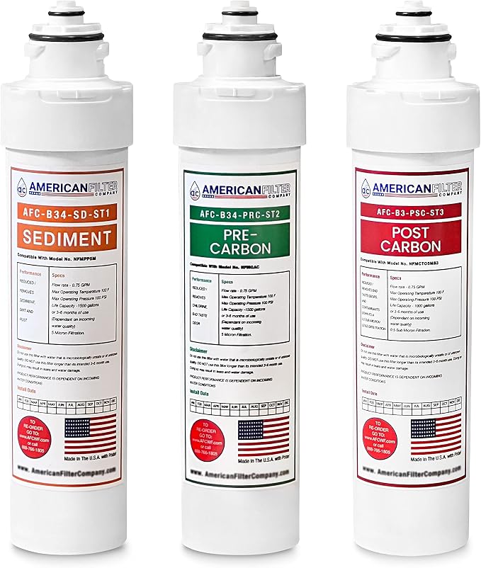 American Filter Company® Model # AFC-B3-CMBPK 4-Stage Water Filters, Compatible with Brio NFMPP5M, NFMGAC, NFMUF, NFMCTO5MS3, NFMCTO5MS2 and Moderna UV Water Cooler - 3Pk