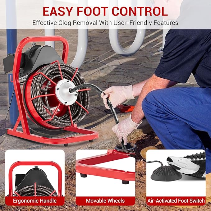 Electric Drain Cleaner Machine 75Ft x 1/2 Inch, 400w Heavy Duty Drain Snake with 6 Cutters & Foot Switch, Sewer Auger for Clog Removal in Sinks, Toilets, Bathtubs, Showers, Pipe Cleaning
