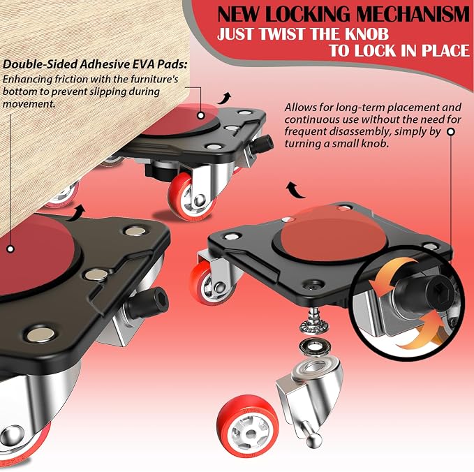 Furniture Movers with Parking Lock, 5-Wheel & Locking Dollies Set with Furniture Lifter and Base, 360° Swivel Casters, Non-Slip Pads, Up to 2000 lbs Load Capacity