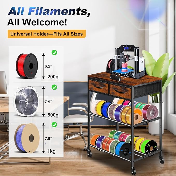 3D Printer Filament Storage Rack with Drawers, 3Tier Metal Filament Spool Holder with Wheels, 3D Printer Filament Stand for PLA/ABS/TPU/Nylon, Filaments Organzied for Workshop Studio Office, Brown