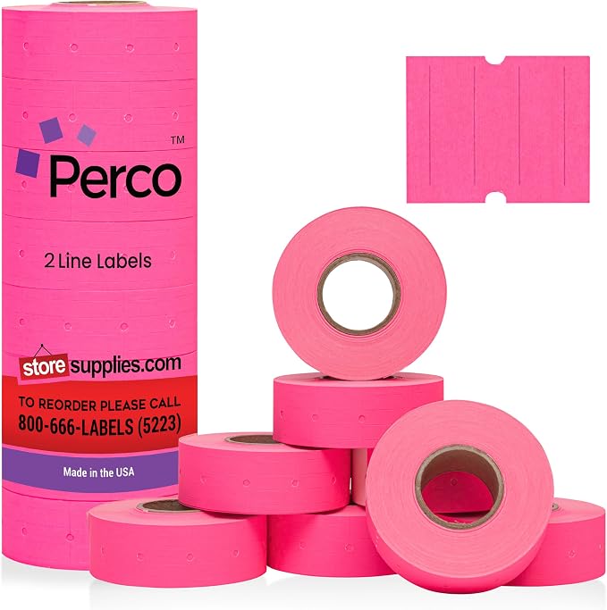 Perco 2 Line Fluorescent Pink Labels - 6,000 Blank Price and Date Gun Labels for Perco 2 Line Price and Date Guns - 8 Rolls, 1 Sleeve - Made in USA