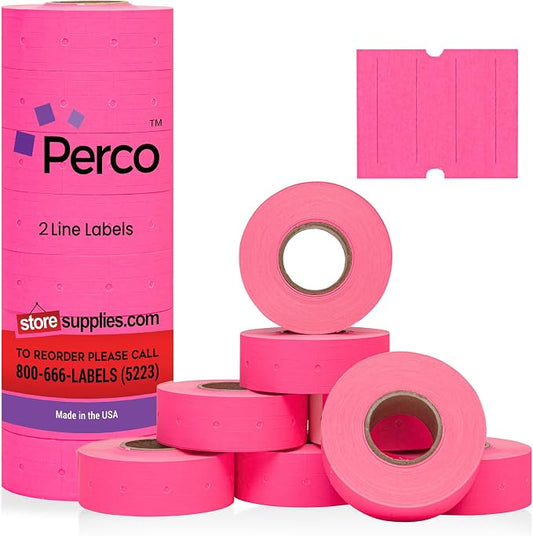 Perco 2 Line Fluorescent Pink Labels - 6,000 Blank Price and Date Gun Labels for Perco 2 Line Price and Date Guns - 8 Rolls, 1 Sleeve - Made in USA