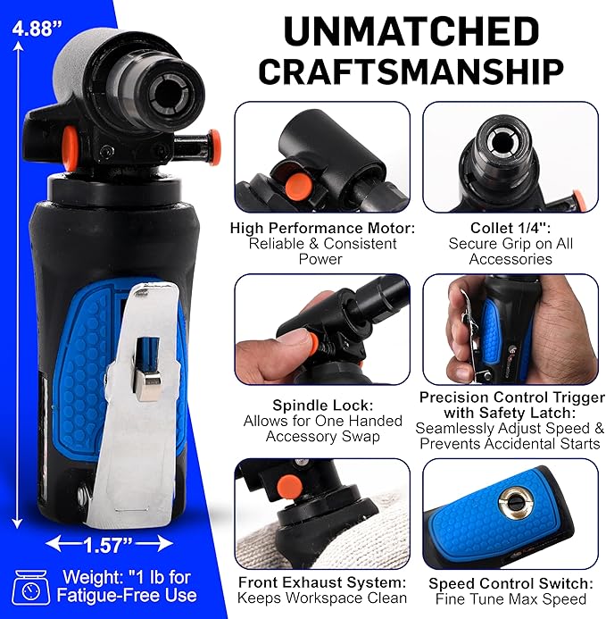 LE LEMATEC Right Angle Die Grinder, 20,000 RPM Pneumatic Air, 90 Degree | Spindle Lock, 1/4in Collet, Auto Detailing, Deburring, Polishing, Weld Prep, Mini, 1.4 lb