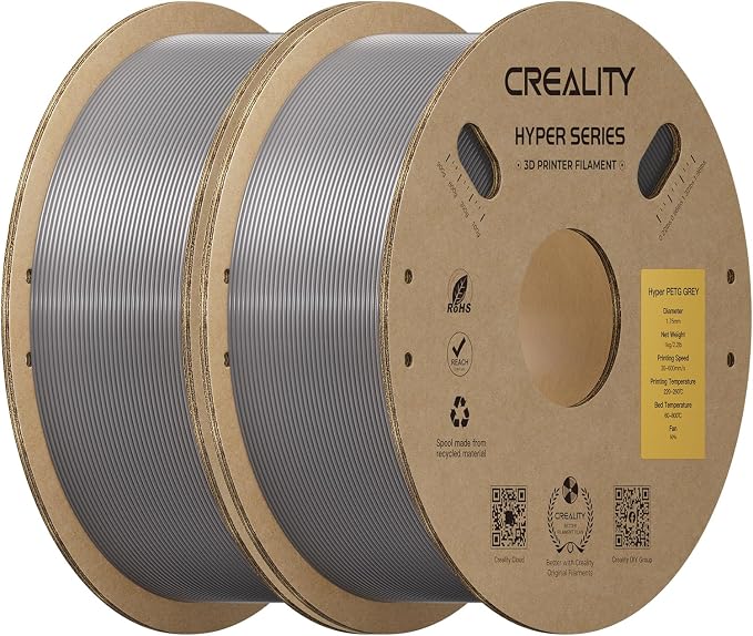 Creality Hyper PETG Filament 1.75mm Bundle 2KG, High-Speed PETG for 30–600mm/s Printing, Low Stringing, Strong Layer Adhesion, +/- 0.03mm Accuracy,Fits for Most FDM 3D Printers(Grey 2-Pack)