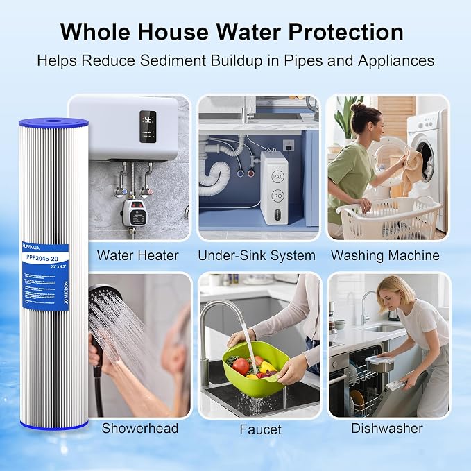 6-Pack 20" x 4.5" Pleated Sediment Water Filter Cartridge, 20 Micron High Flow Whole House Water Filter Replacement for Well Water, Compatible with ECP20-20BB, SPC-45-2020