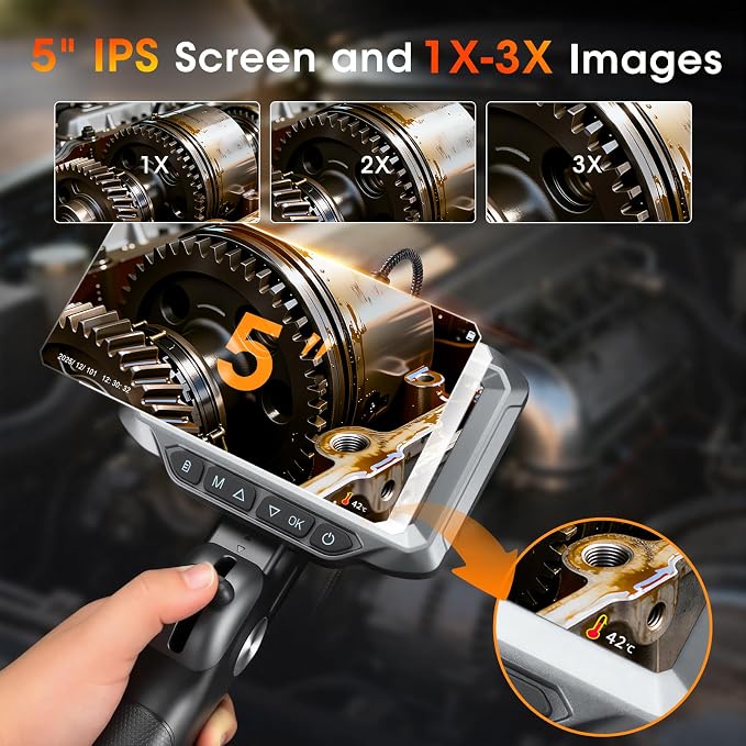 Two-Way Articulating Borescope, 1080P HD Endoscope Camera with 5" IPS Screen, IP67 Waterproof 0.23in Slim Probe Inspection Camera with Adjustable Light, for Automotive Pipe Sewer 32GB SD Card