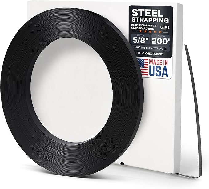 IDL Packaging 5/8" x .020" x 200' Steel Strapping Coil (1400 Lbs Break Strength) in Self-Dispensed Сardboard Box - Portable Strong Banding with Superior Cut-Resistance - Heavy Pallet Strapping