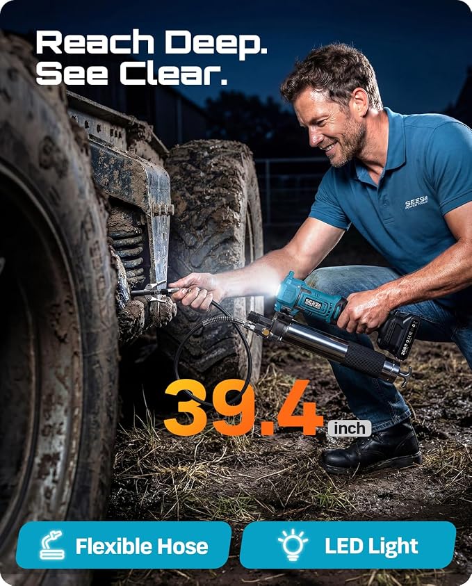 Seesii Electric Cordless Battery Grease Gun -10000 PSI with Quick-Release Coupler, 6.4 oz/min, 39.4" Flex Hose & 2 Batteries, Grease Guns for Truck, Car, Tractor,2026 Upgraded