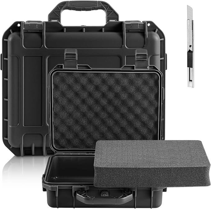 Relaxweex 1 Pcs Waterproof Hard Case with DIY Customizable Foam Insert Portable Protective Case with Knife for Camera Drones Equipments Tools Test Instruments(Black,18.3 x 13.4 x 7.2 Inch)